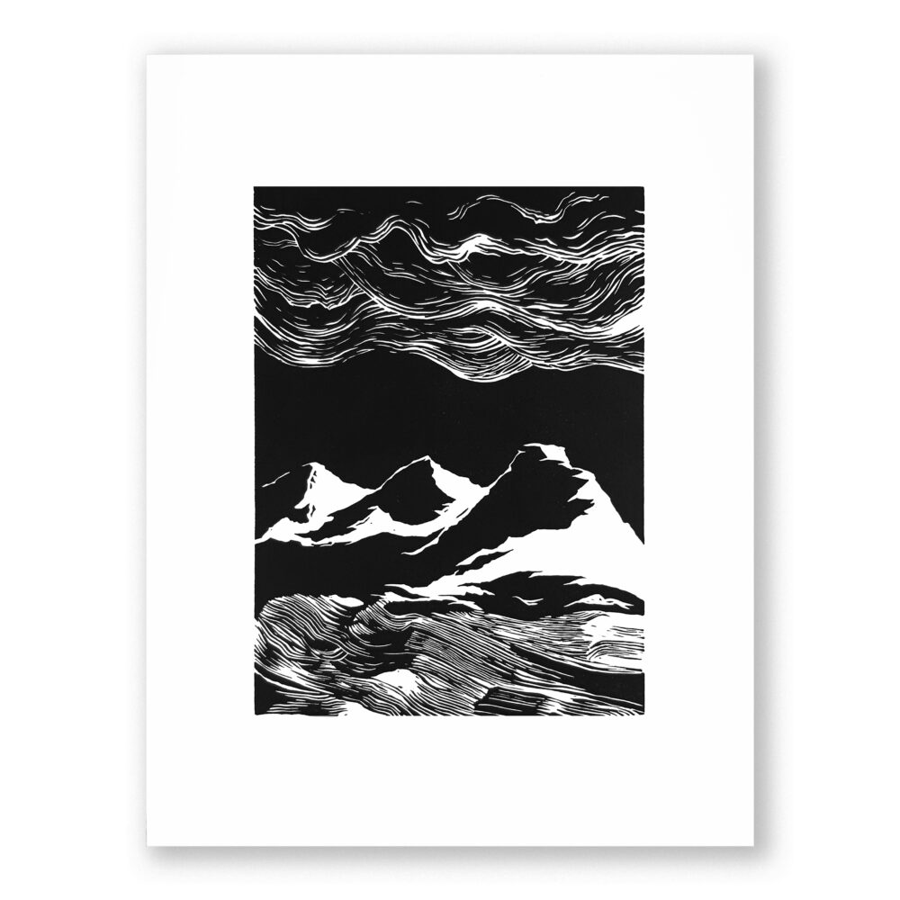 linogravure paysage de montagnes estampe edition d'art réalisée par l'artiste