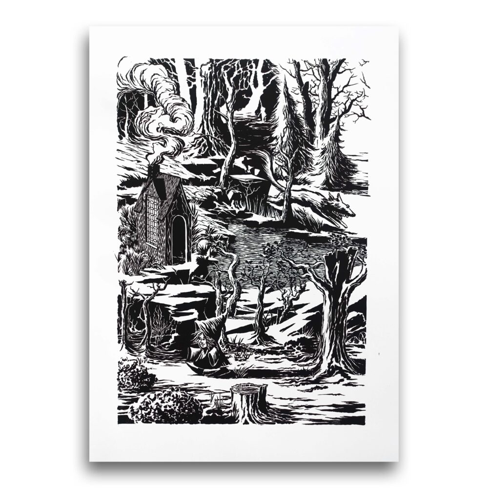 Paysage et personnages en noir et blanc sur une estampe faite en linogravure. Le petit chaperon rouge marche dans la foret.